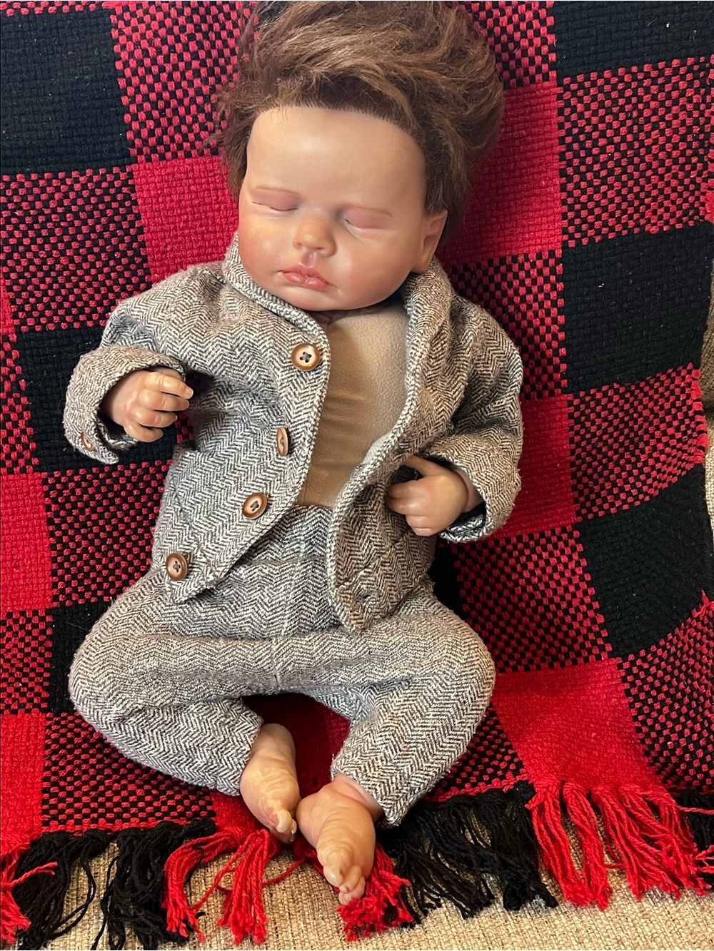 Realistic Baby Doll in Gray Herringbone Outfit